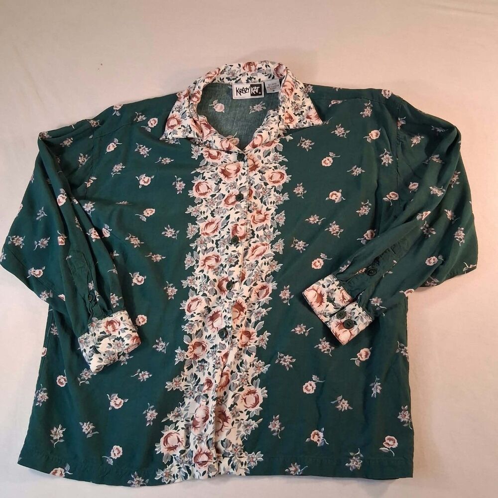 Vintage 90s Krazy Kat Floral Rose Blouse Rayon Green Button Front Medium VTG